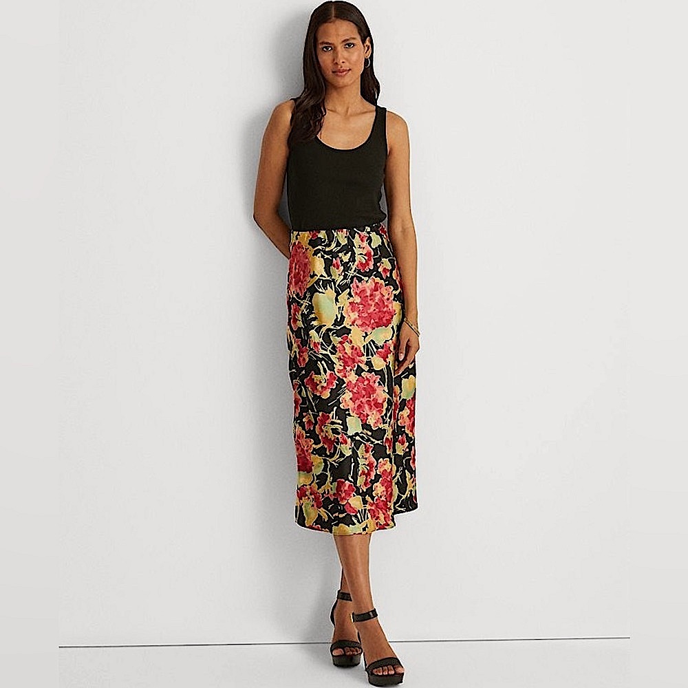 Lauren Ralph Lauren Silk Satin Charmeuse Floral Midi Skirt